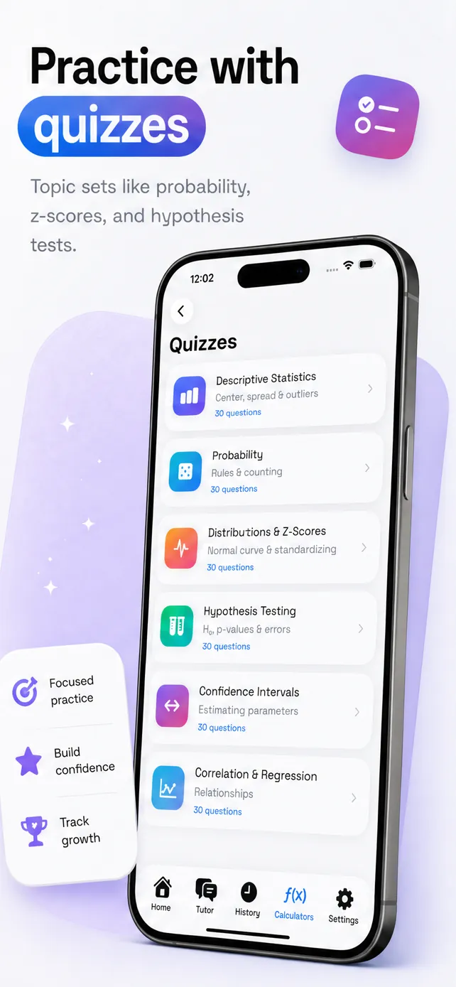 Quiz topics including Distributions and Z-Scores in Statistics Problem Solver Pro