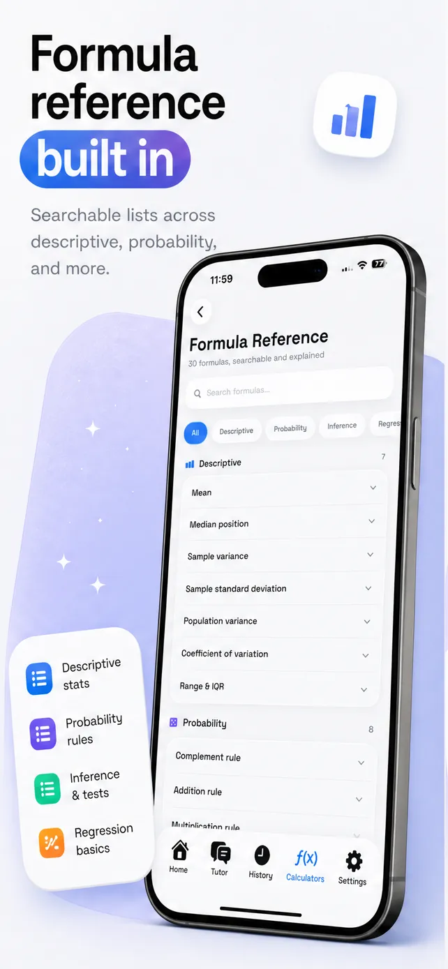 In-app statistics formula reference grouped by descriptive, probability, inference, and regression